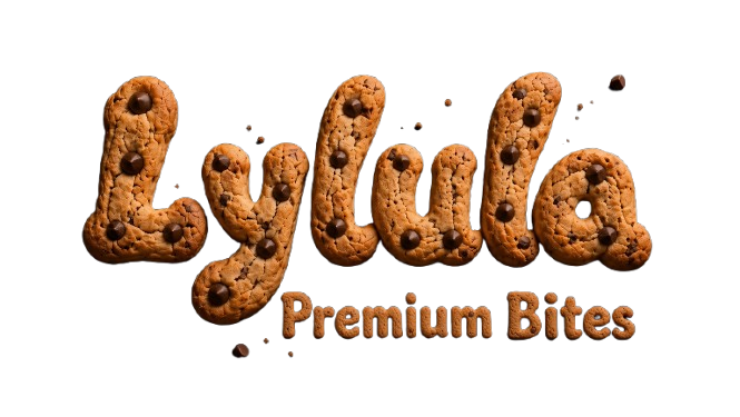 Lylula Premium Bites — the name spelled in homemade chocolate-chip cookies