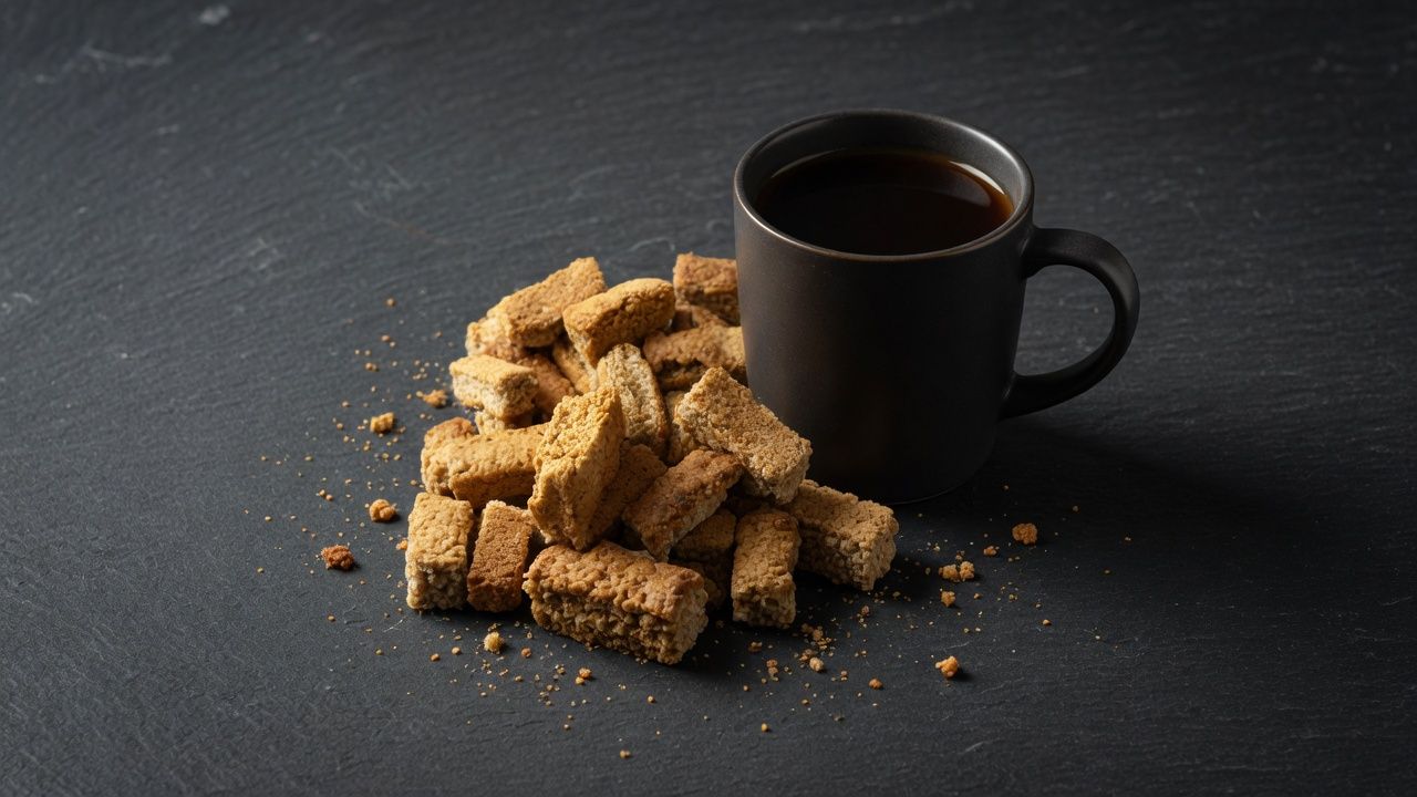 Golden rusks beside a steaming cup of coffee